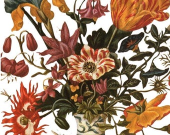 Antique Botanical Poster Art: Vase of Flowers Painting
