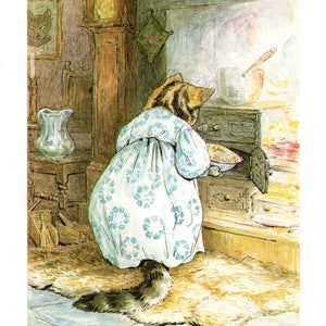 May include: A tabby cat wearing a blue and white floral dress bakes a pie in a kitchen. The cat is holding a pie plate in one paw and looking into an open oven. The text "THE PIE MADE OF MOUSE" is printed below the image.