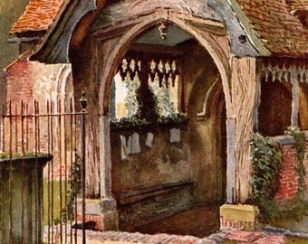 1925 Antique Print: Stoke Poges Church, Greater London - E.W. Haslehust Watercolour