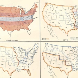 May include: Four-panel illustration of the United States, depicting historical territorial changes. The top left panel shows "ORIGINAL GRANTS" with Spanish and British territories. The top right panel shows the U.S. in 1776. The bottom panels show further changes.