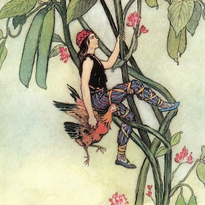 Warwick Goble Fairy Tales Original Vintage 2-sided Print - Jack and the Bean-Stalk / House Island - Unique Gift (57)
