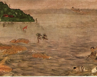 Grabado japonés antiguo en rollo: Ippen Shonin, arte vintage.