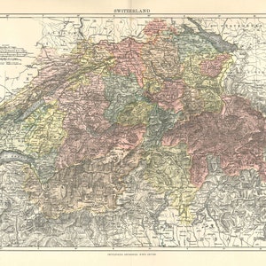 Antyczna mapa SZWAJCARIA, EUROPA z 9. edycji Encyklopedii Britannica 1875-1889 - oryginalna rzadka mapa z XIX wieku - mapa wiktoriańska