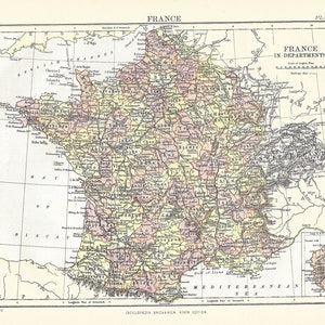 Mapa antigo FRANÇA em departamentos, EUROPA da 9ª edição Encyclopaedia Britannica 1875-1889 - impressão original rara do século XIX - PRESENTE