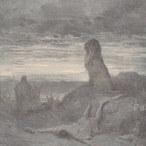 Gustave Doré: &quot;The Prophet Slain by a Lion&quot; Antique Bible Print