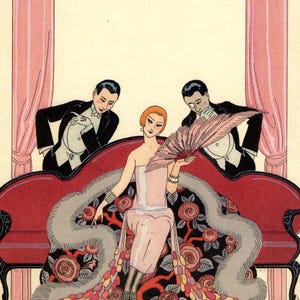 Ilustración de moda art déco de George Barbier: póster vintage &quot;Volantes y adornos de 1923&quot;