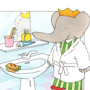 1990 Babar the Elephant Original Vintage Print – Nursery Art - Baby Shower - Birthday - Delightfully Amusing Children’s Art (11)