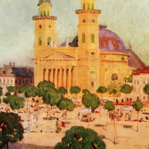 1909 Antique Print: Szatmar Cathedral & Square, Hungary by Stokes