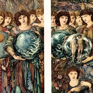 EDWARD BURNE-JONES Oryginalny wydruk książki vintage „Aniołowie stworzenia – dni piąte i szóste” – obraz prerafaelitów – wyjątkowy prezent