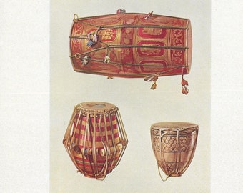 1921 antieke Indiase drumsprint – muziekinstrumentlithografie