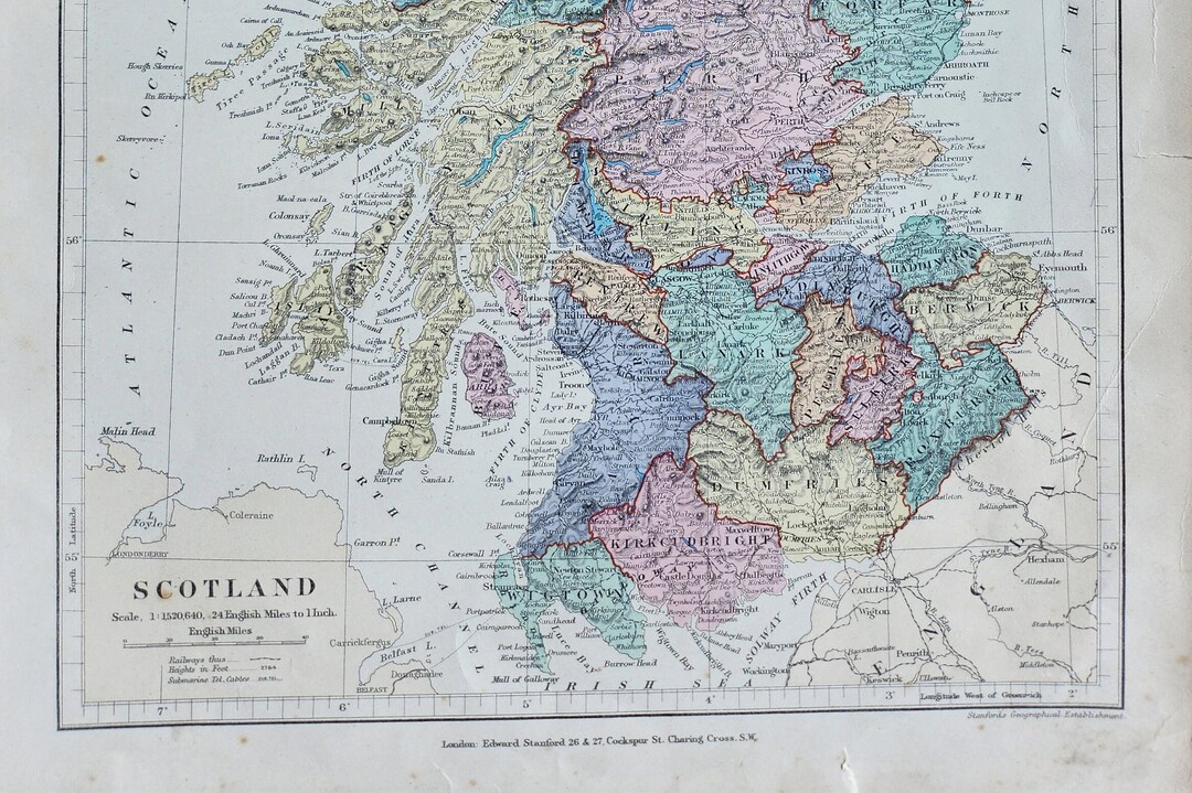 Antique SCOTLAND Original 1889 Map - Rare 19th Century Large Map ...
