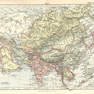 Antyczna mapa ASIA z 9. edycji Encyklopedii Britannica 1875-1889 - oryginalna rzadka mapa z XIX wieku - mapa wiktoriańska - wyjątkowy prezent