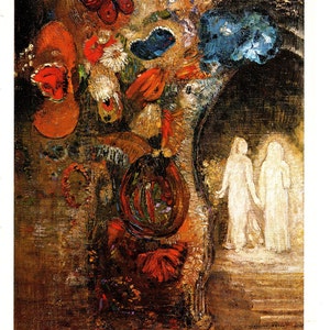 Odilon Redon vintage kunstprint &#39;Verschijning&#39;: symbolistische bloemen en figuren