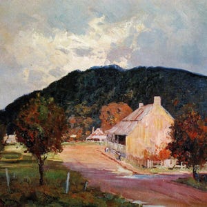 May include: An impressionistic painting of a rural landscape. A road leads past a light-colored building with a porch and chimney, set against a backdrop of a dark green mountain and a cloudy sky. Trees with autumn foliage line the road.