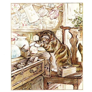 May include: A tabby cat sits on a wooden chair in a kitchen. The cat is looking at a drawer that is open. The drawer is filled with various items, including a wooden box, a small wooden tool, and a few other items. The kitchen is cluttered with dishes and other items.