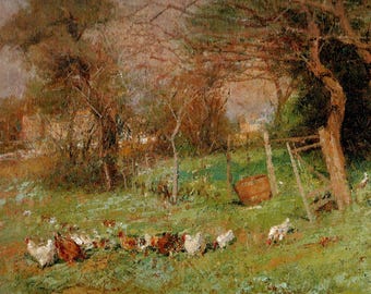 May include: A painting of a rural scene with a group of chickens in a grassy field. The chickens are white and brown, and they are surrounded by trees and bushes. There is a wooden fence in the background, and a wooden barrel in the foreground.
