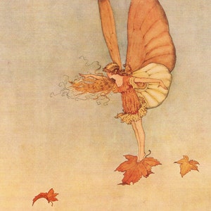 May include: A vintage illustration of a fairy with auburn hair and large, orange-brown wings. She wears a reddish-orange dress and stands on a large, orange leaf, with other leaves falling. The background is a soft, muted yellow, reminiscent of autumn.