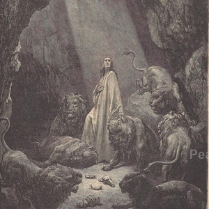Gustave Doré: Daniel in the Lion&#39;s Den, 1887 Antique Biblical Print