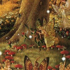 May include: A detailed illustration of multiple winged fairies in a forest setting. The scene features figures with translucent wings, some wearing green and gold clothing, interacting near a large tree trunk surrounded by red mushrooms and white flowers.