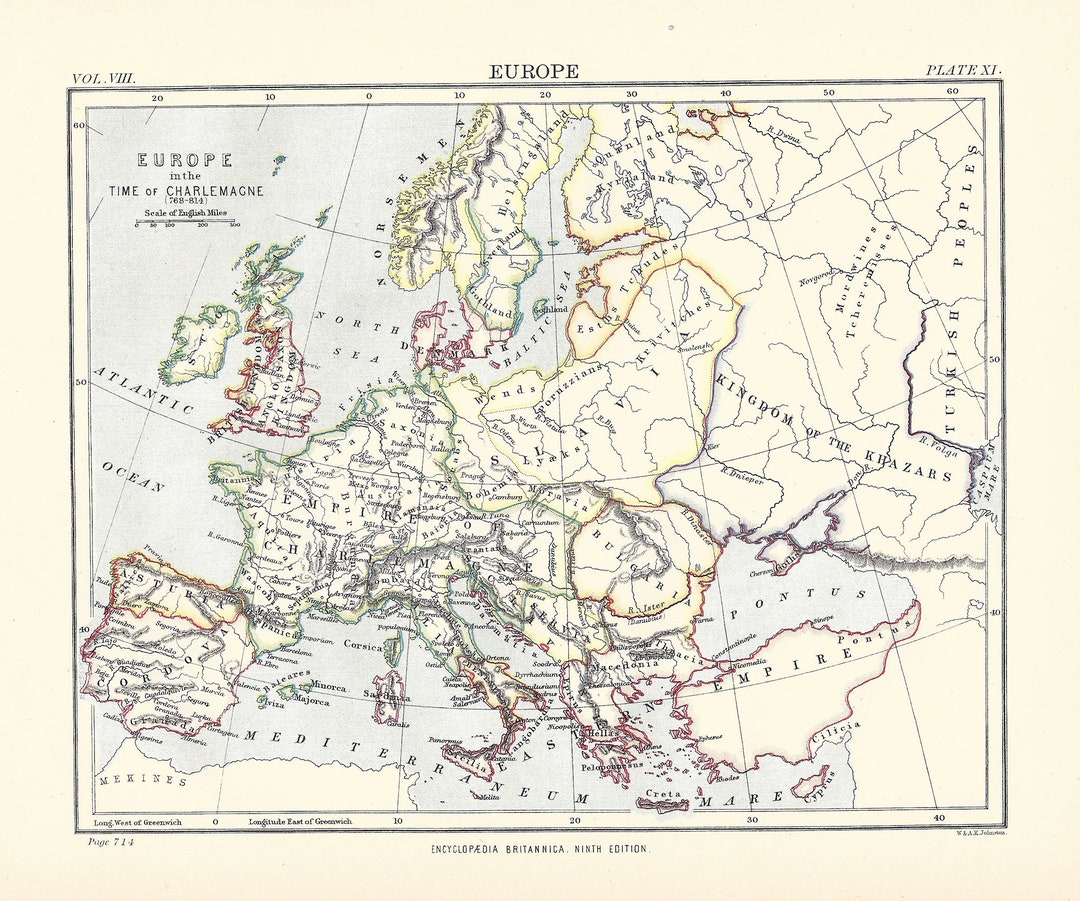Antique Map EUROPE in the Time of Charlemagne 768-814 From 9th Edition ...