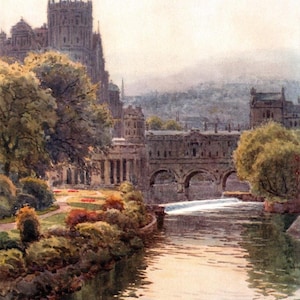 1914 Bath England Print: North Parade Bridge Vintage Watercolor