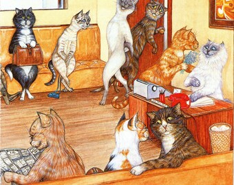 Zoe Stokes Playful Cat Art Print: Vintage Lithograph, 1989