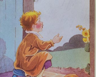 Vintage-Kunstdruck mit dem Kinderreim „Regen, Regen, geh weg“ – Kinderzimmerdekoration (28 x 35,5 cm)