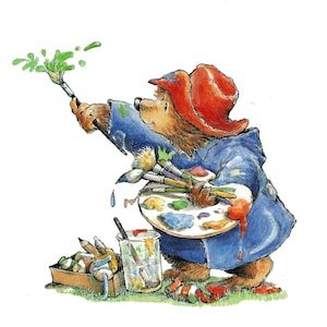 May include: A brown bear wearing a blue coat and a red hat paints with a brush and a palette of colourful paints. The bear is surrounded by paintbrushes, paint tubes, and a glass jar.