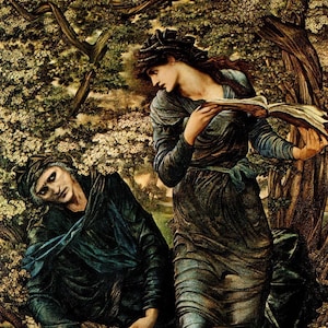 EDWARD BURNE-JONES Oryginalny wydruk książki vintage „The Beguiling of Merlin” – obraz prerafaelitów – wyjątkowy prezent