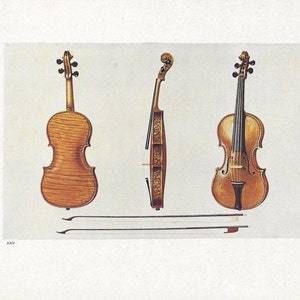 May include: Three antique violins are displayed, showcasing their intricate designs. The violins are a warm, golden brown color, with visible wood grain. Two bows are positioned below the instruments. The image is a vintage illustration.