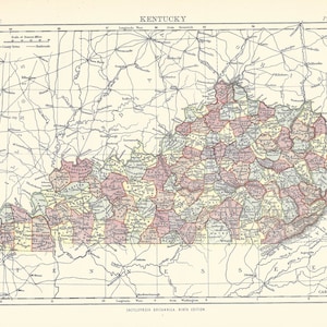 Antique Map KENTUCKY, USA from 9th Edition Encyclopaedia Britannica 1875-1889 - Original Rare Victorian map - Unique gift Housewarming gift