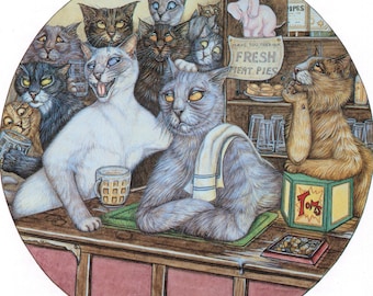 Zoe Stokes Playful Cat Art Print – 1989 Vintage Lithograph