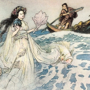 Warwick Goble Fairy Tales Original Vintage 2-sided Print - Green Willow & Other Japanese Fairy Tales -Urashima / Tamamo, the Fox Maiden (23)