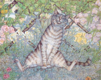 1989 Zoe Stokes Playful Cat Art – Original Vintage Print – Cat Lovers – Unique Gift