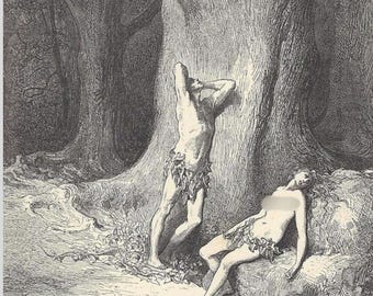 Peut inclure: Illustration en noir et blanc représentant deux personnages dans une forêt. L'un se tient près d'un grand arbre, l'autre est allongé à proximité. Les deux personnages sont partiellement couverts de feuillage.