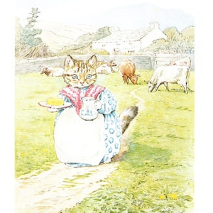 May include: A charming watercolour illustration depicts a cat in a blue dress and apron, holding butter and a milk jug. Cows graze in a field with a farmhouse in the background. The text at the bottom reads "BUTTER AND MILK FROM THE FARM."