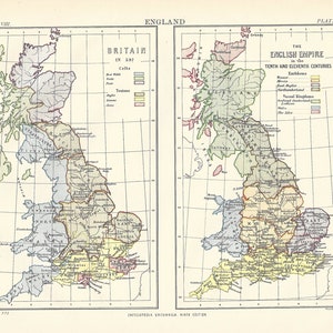 Antike Landkarte ENGLAND - Britain In 597 & The English Empire aus 9th Edition Encylopaedia Britannica 1875-1889 - original rare 19th century