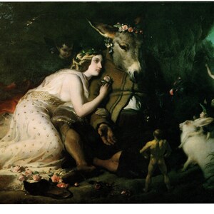 Puede incluir: Una pintura que representa a una mujer con un vestido blanco y un burro con una corona de flores. La mujer sostiene una flor y el burro la mira. La pintura está ambientada en un bosque con una cueva en el fondo.