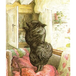 May include: A black dog with a long, bushy tail stands on its hind legs, looking into a white cupboard with a keyhole. The dog is standing on a colourful, patterned sofa with a red cushion. The text "WHERE IS THE PIE MADE OF MOUSE?" is printed below the image.