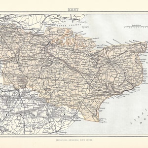 Carte ancienne KENT, ANGLETERRE de la 9e édition Encyclopaedia Britannica 1875-1889 - estampe originale rare du XIXe siècle - carte victorienne cadeau unique
