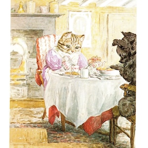 May include: A tabby cat pours tea from a teapot while a black dog sits at the table. The table is set with a white tablecloth, teacups, and a plate of biscuits. The text "WHERE IS THE PATTY-PAN?" is printed below the image.