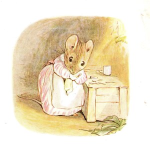 May include: Illustration of a mouse wearing a pink and white striped dress and apron. The mouse is standing near a small wooden table with a spool of thread and other small items. The background is a soft, warm yellow.
