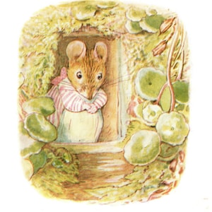May include: Illustration of a mouse in a doorway, wearing a pink and white striped top and a white apron. The mouse is surrounded by green foliage and appears to be looking out from its home. The artwork has a vintage, storybook style.
