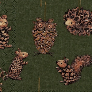 4 Luxury Paper Napkins PINECONE ANIMALS Green - Decoupage, Scrapbooking, Card-making, Mixed Media, Collage, Paper Crafts