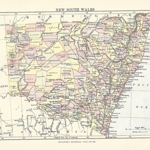 Antique Map NEW SOUTH WALES, Australia from 9th Edition Encyclopaedia Britannica 1875-1889 original rare 19th century print - unique gift