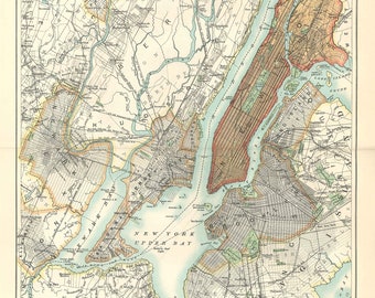 Antique Map NEW YORK - City & Vicinity, USA from 9th Edition Encyclopaedia Britannica 1875-1889 - original rare 19th century map print