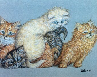 Zoe Stokes Playful Cat Art – 1989 Vintage Lithograph Print