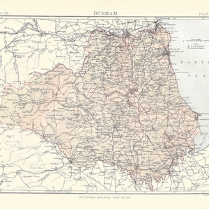 Antyczna mapa DURHAM, ANGLIA z 9. edycji Encyklopedii Britannica 1875-1889 - oryginalny rzadki druk z XIX wieku - mapa wiktoriańska PREZENT