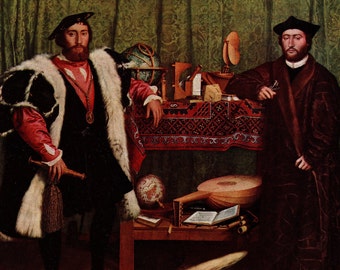 May include: A Renaissance-era painting depicts two men in elaborate attire. One wears a black coat with a fur collar and holds a staff. The other, in a dark robe, leans on a table with scientific instruments, a globe, and a lute. The background is a rich green.