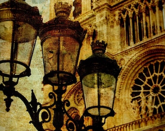 Póster fotográfico vintage de Notre Dame de París - Escena arquitectónica parisina - Arte mural francés